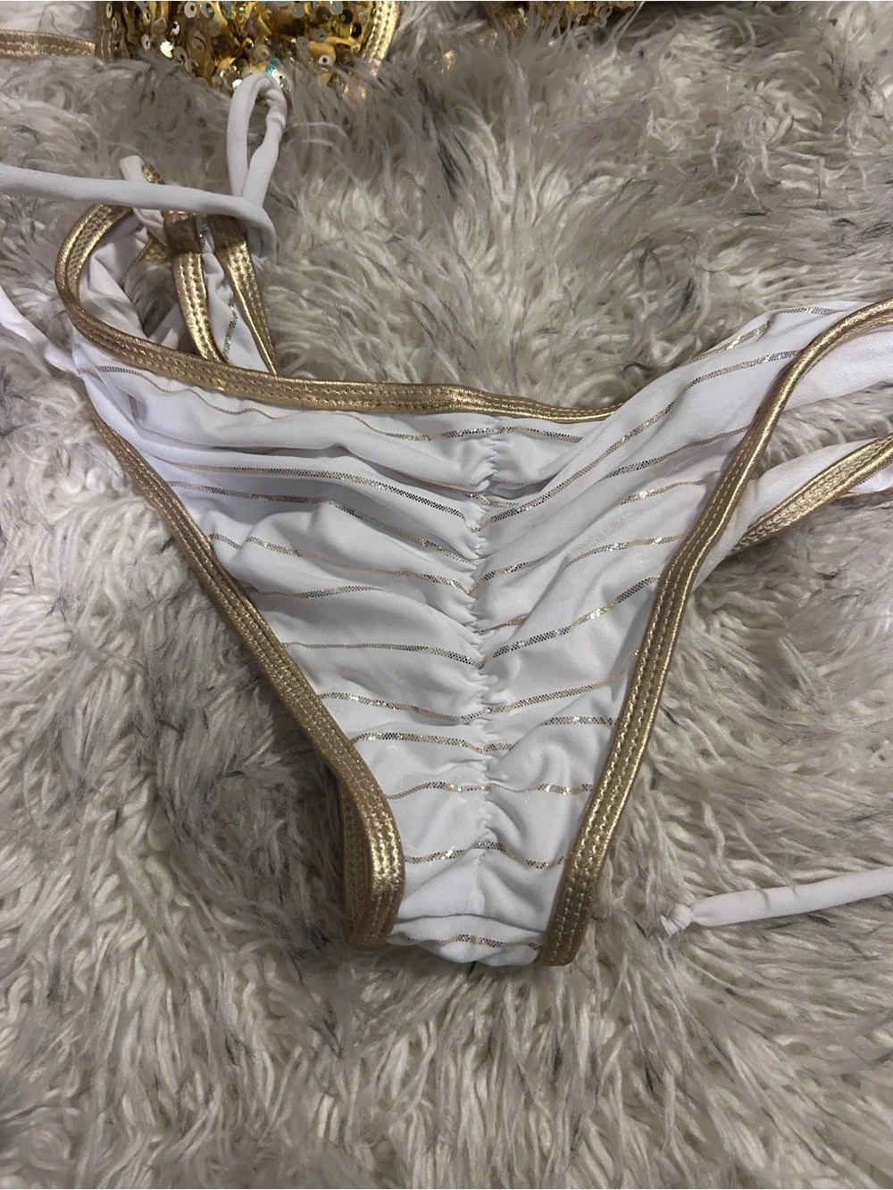 Gold Sequin Triangle Bikini Top with White Gold-Trim Bottom